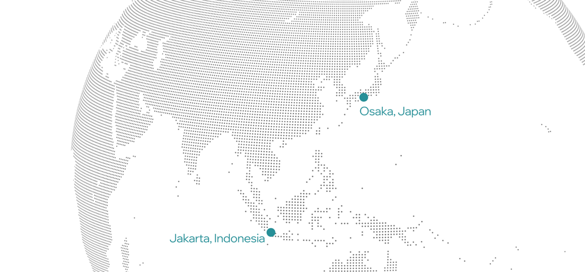 Map connecting eftax in Osaka, Japan with Jakarta, Indonesia
