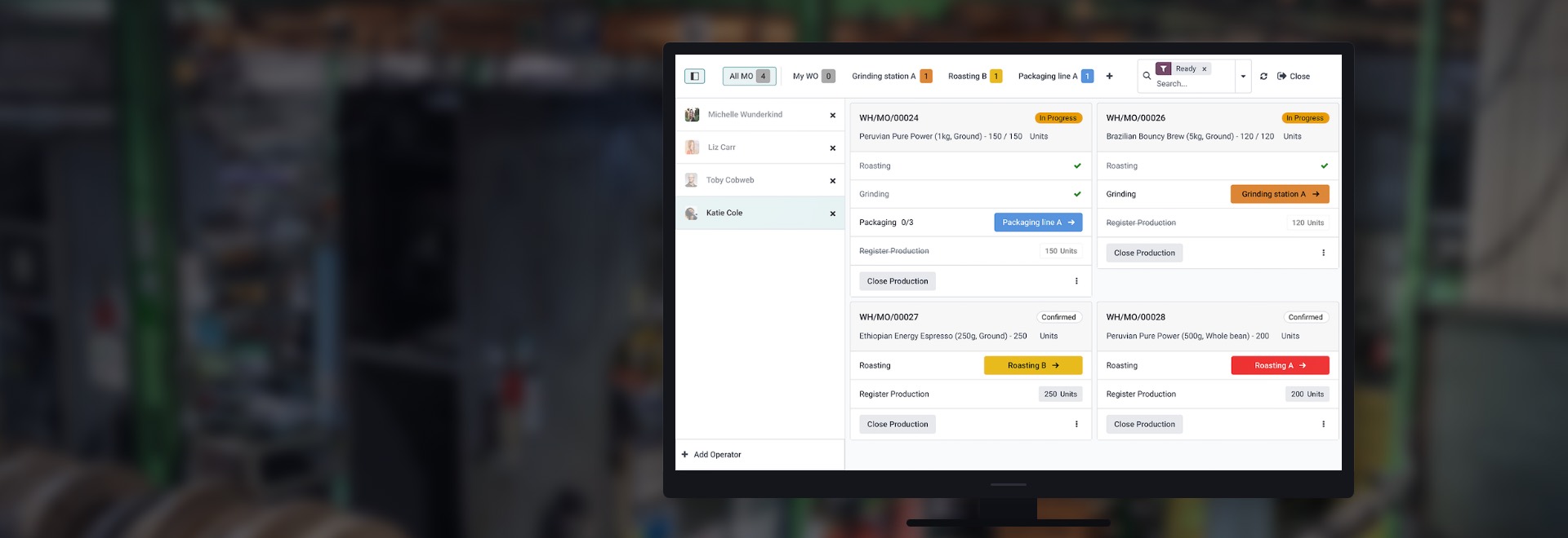 The Odoo manufacturing interface on a screen on a factory floor